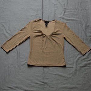 tan three-quarter sleeve stretchy top with ruched neckline - S